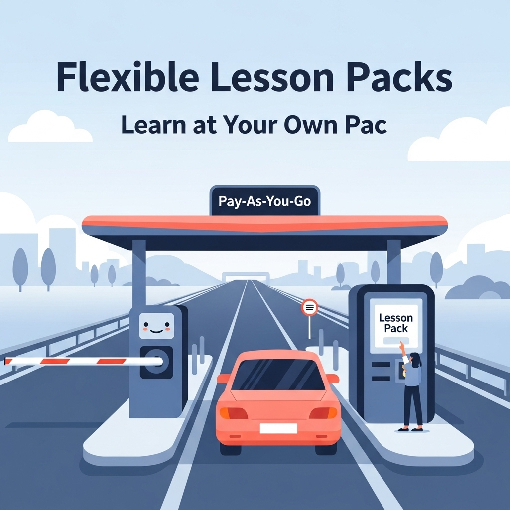 Illustration of a car at a 'Pay-As-You-Go' tollbooth buying a lesson pack.