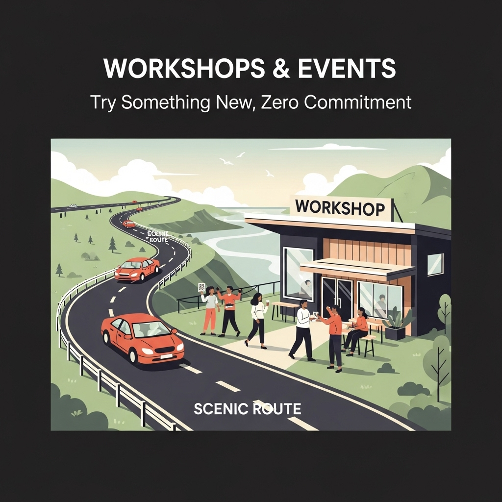 Illustration of people at a 'Workshop' building on a scenic route.